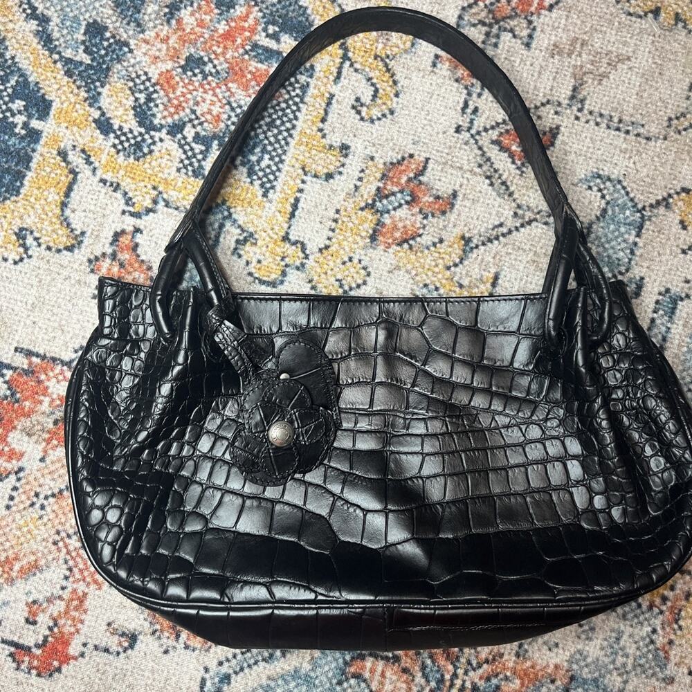 Le Tanneur Paris 1898 Black Croc Effect Leather Shoulder Bag Flower/Heart Charm